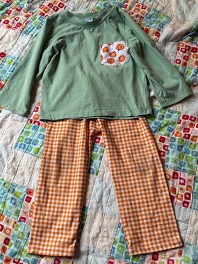 Kids Long-Sleeve Sage Green Pumpkin Top with Orange Gingham Pants